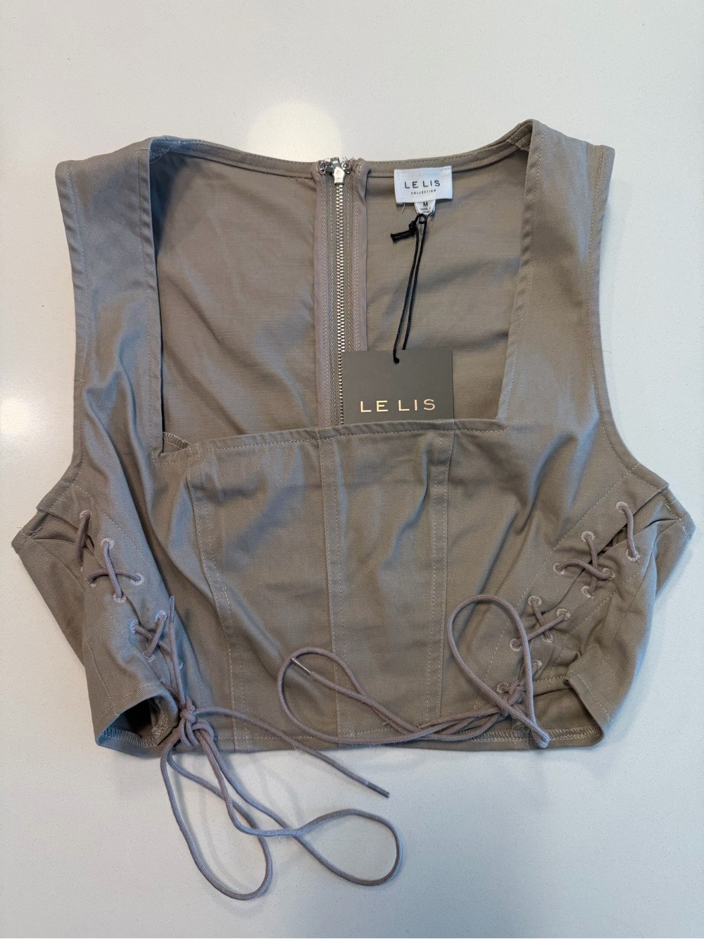 Le Lis Taupe Lace-Up Square Neck Crop Top